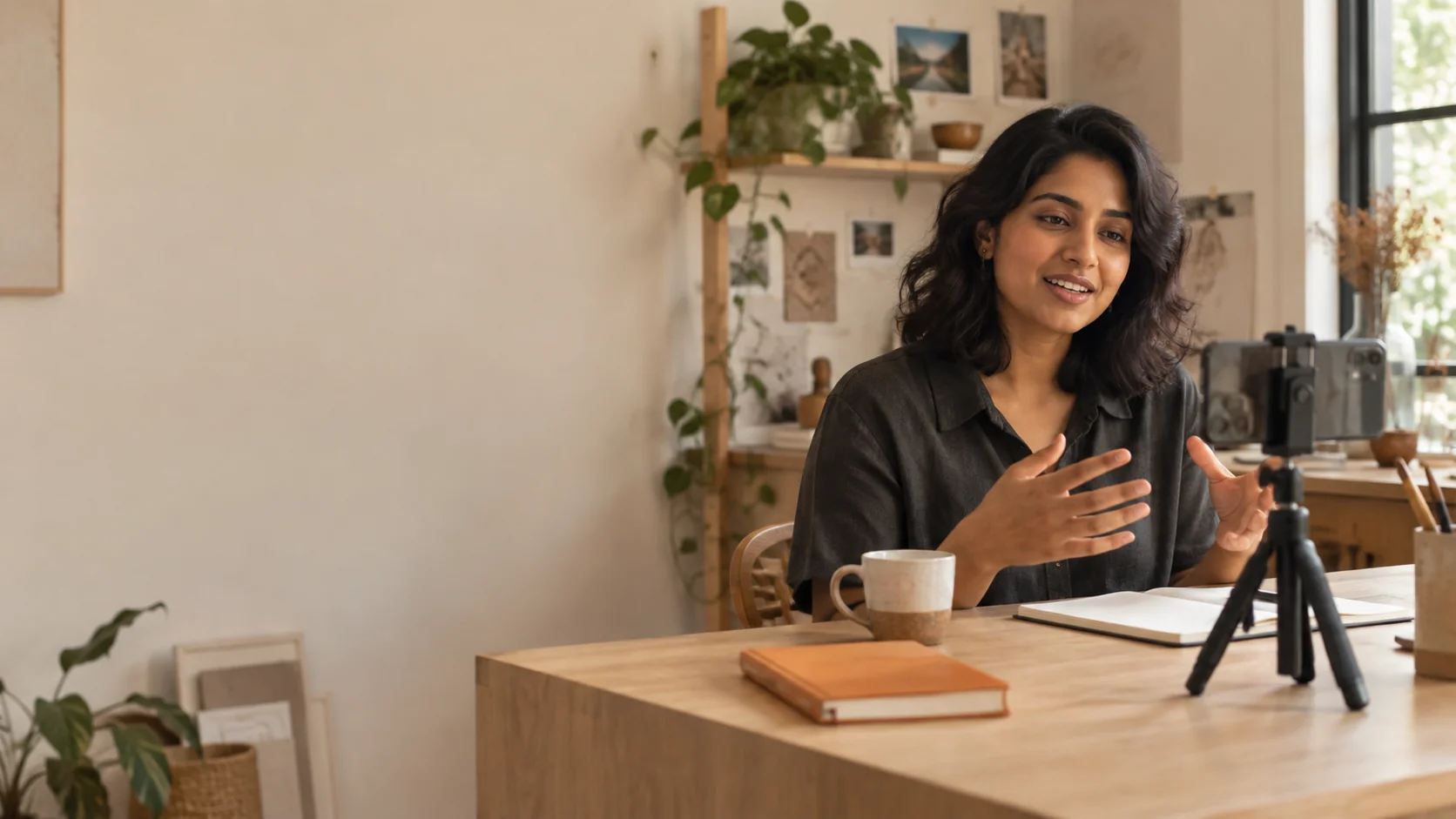 Home Illustrative photo of a business owner recording a video at her desk with a phone on a small tripod