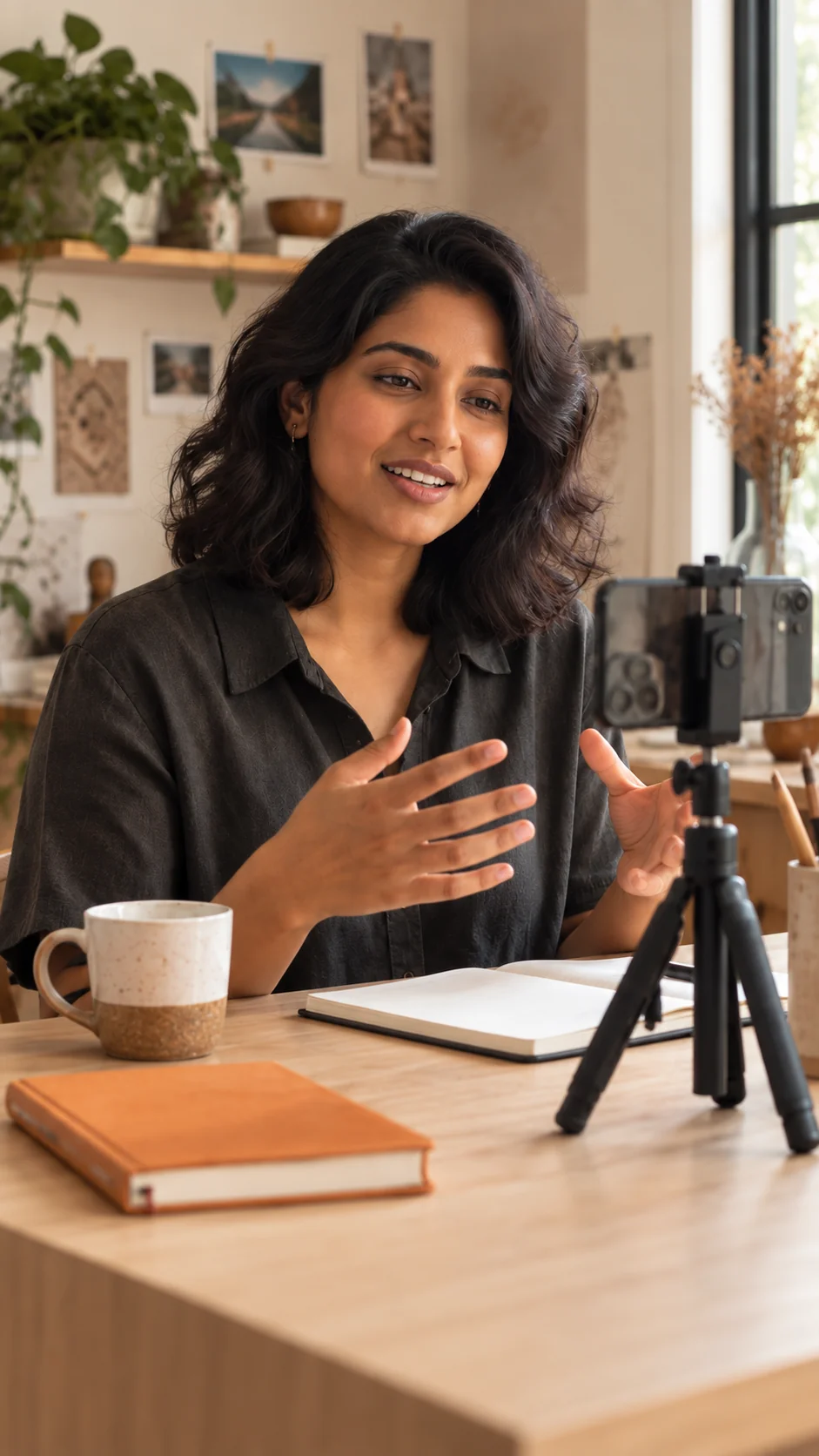 Home Illustrative photo of a business owner recording a video at her desk with a phone on a small tripod