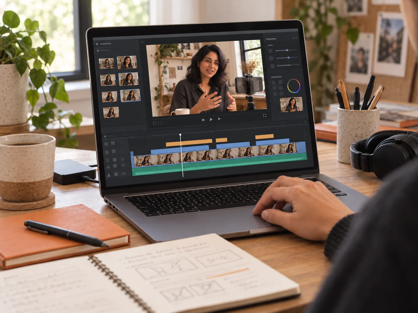 Home An editor shapes the recorded video on a laptop