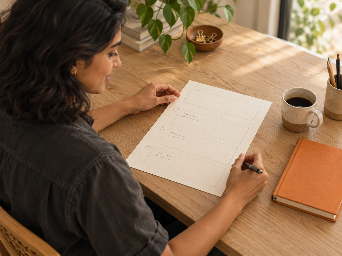 Home A business owner reviews a recording brief at her desk
