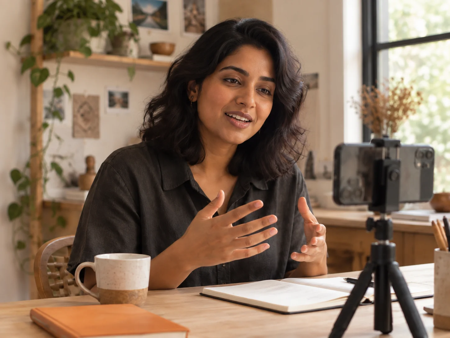 Home The business owner records a video using her phone and a small tripod